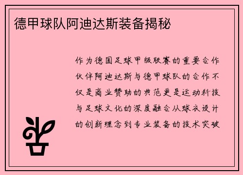 德甲球队阿迪达斯装备揭秘