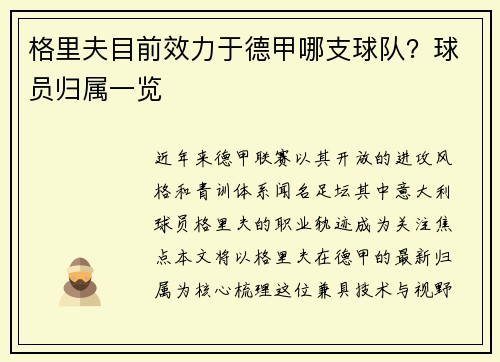 格里夫目前效力于德甲哪支球队?球员归属一览