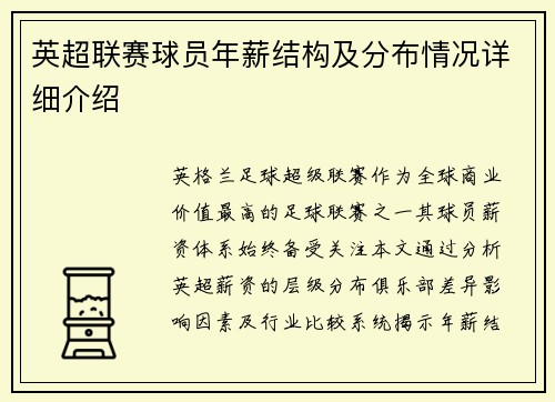 英超联赛球员年薪结构及分布情况详细介绍